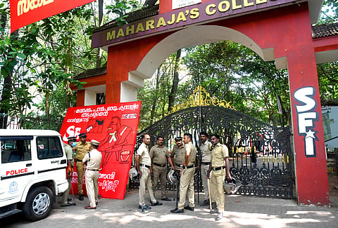 Police officials deployed in front of Maharaja’s College, Ernakulam, following clashes between student organisations.