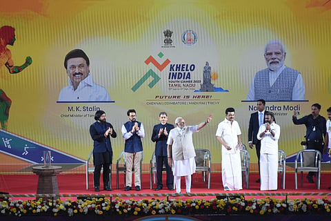 PM Modi with TN governor RN Ravi, CM MK Stalin and Union Sports Minister Anurag Singh Thakur and TN sports Minister Udhayanidhi Stalin and others during the opening ceremony of the 6th Khelo India Youth Games, at Jawaharlal Nehru Stadium in Chennai.