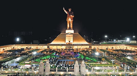 Illuminated Ambedkar statue at Smriti Vanam in Vijayawada on Thursday