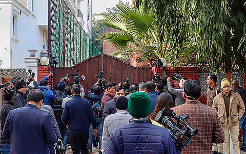 Media outside Jharkhand Chief Minister Hemant Soren's residence where an ED team reached, in New Delhi, Monday, Jan. 29, 2024.