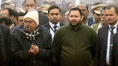 Bihar Chief Minister Nitish Kumar with State Deputy Chief Minister Tejashwi Yadav during the 75th Republic Day functions, at Gandhi Maidan, in Patna on Friday.