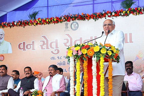 Gujarat CM Bhupendra Patel speaking at the inaugration of 'Van Setu Chetana Yatra'.