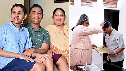 Nikhil Vinod Chandra (centre) with his mother Sheeba and brother Nathan,
(R) Mar Thoma Church head Theodosius Mar Thoma Metropolitan with Nikhil
