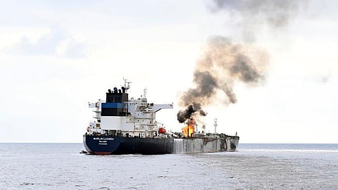 A view of the oil tanker Marlin Luanda on fire after an attack, in the Gulf of Aden.