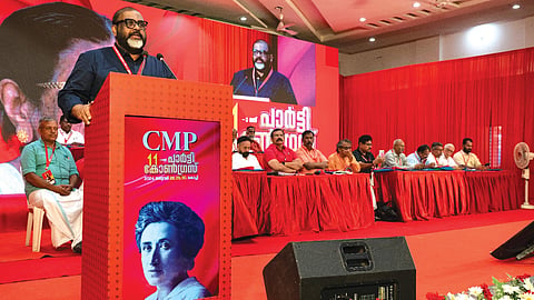 CMP general secretary C P John inaugurates the delegates’ conference at the
11th party congress in Kochi on Monday