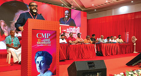 CMP general secretary C P John inaugurates the delegates’ conference at the
11th party congress in Kochi on Monday
