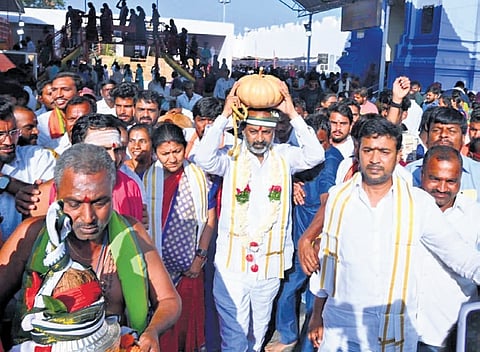 BJP national general secretary Bandi Sanjay Kumar takes part in a religious procession in Karimnagar district on Sunday