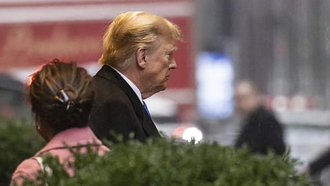 Donald Trump leaves his apartment building, Thursday, Jan 25, 2024, in New York.