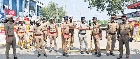 Police personnel deployed near omnibus stand at Koyambedu.