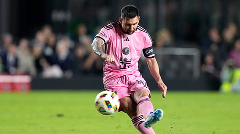 FILE -Inter Miami forward Lionel Messi takes a free kick during the first half of the team's MLS match against Real Salt Lake, Wednesday, Feb. 21, 2024