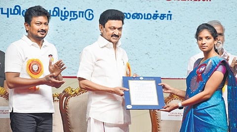 Chief Minister MK Stalin distributing the orders at Kalaivanar Arangam in Chennai on Friday, Feb 16, 2024.