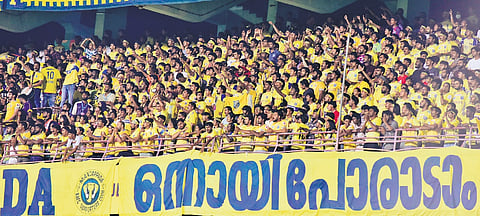 Fans celebrate Kerala Blasters’ victory against FC Goa (4-2) in the Indian Super League match at Jawaharlal Nehru Stadium in Kochi on Sunday.