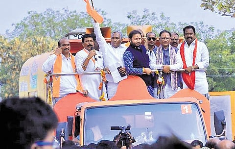 Chhattisgarh Chief Minister Vishnu Deo Sai speaks during a roadshow in the temple town of Bhadrachalam.