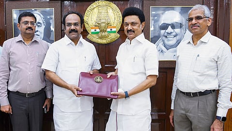 Tamil Nadu Chief Minister M K Stalin with Finance Minister Thangam Thennarasu ahead of presentation of the State Budget 2024-25 in the Assembly in Chennai.