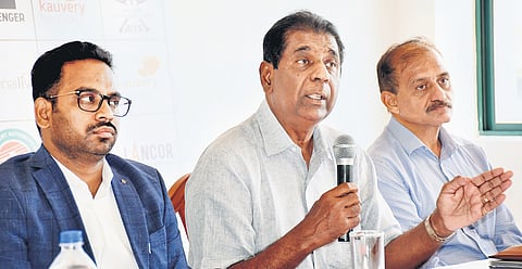 SDAT member secretary J Meghanatha Reddy (L), tennis legend Vijay Amritraj (C) & Additional Chief Secretary Atulya Misra in Chennai on Thursday.