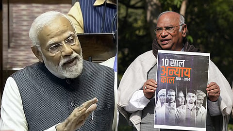(L) PM Narendra Modi delivers his remarks in the Rajya Sabha; (R) Congress President Mallikarjun Kharge releases a 'black paper' on the Modi government in New Delhi.