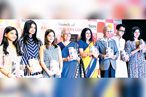 Infosys founder N R Narayana Murthy with wife Sudha Murthy, daughter Akshata Sunak (first lady of UK) with her children and son Rohan Murthy during the launch of 'An Uncommon Love', a book on them authored by Chitra Banerjee Divakaruni, in Bengaluru on Saturday.