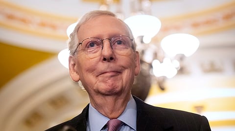Senate Minority Leader Mitch McConnell of Kentucky speaks during a press availability on Capitol Hill, Feb. 27, 2024, in Washington.