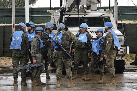 Spanish UN peacekeepers prepare for patrol in Abbassiyeh, a Lebanese border village with Israel, on Wednesday, Jan 10, 2024.
