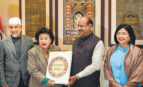 Lok Sabha Speaker Om Birla with Thai Senate delegation led by Senator Pikulkeaw Krairiksh at Parliament House complex in New Delhi onThursday | PTI