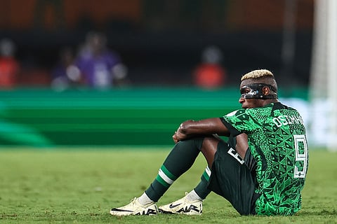 Nigeria's forward Victor Osimhen reacts during the Africa Cup of Nations quarter-final football match between Nigeria and Angola at the Felix Houphouet-Boigny Stadium in Abidjan on February 2, 2024.