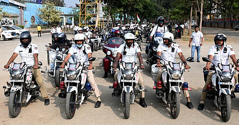 Bengaluru Traffic police and volunteers taking out a bike ride to create awareness on traffic rules as part of Traffic Management on February 2024.
