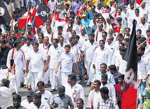 Puducherry AIADMK took out a rally against the government that culminated near the Assembly complex on Saturday, Feb 10, 2024.