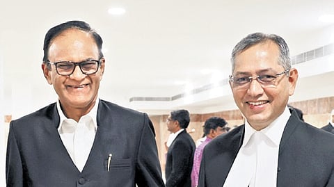 Justice S Vaidyanathan (right) and Chief Justice SV Gangapurwala of Madras High Court during the farewell function on Wednesday.