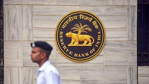 The RBI logo in front of the Reserve Bank of India's Mumbai office.