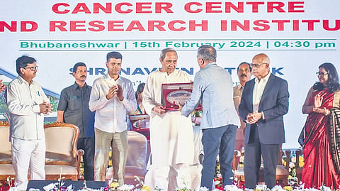 CM Naveen Patnaik being presented a memento during inauguration of Bagchi Sri Shankara Cancer Centre on Thursday.