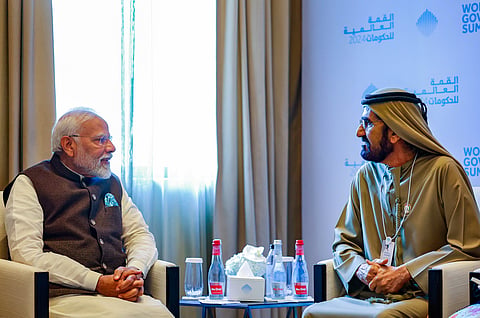 Prime Minister Narendra Modi with Vice President and Prime Minister of the UAE and Ruler of Dubai Sheikh Mohammed bin Rashid Al Maktoum during a meeting, in Dubai, UAE, Wednesday, Feb. 14, 2024.