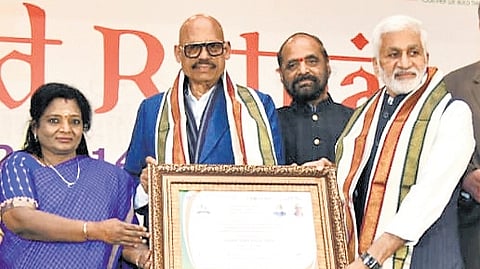 MP V Vijayasai Reddy being honoured with the Sansad Maharatna Award in
New Delhi on Saturday | Express