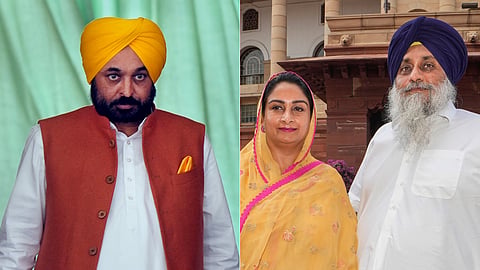 A collage of Punjab Chief Minister Bhagwant Mann (R) and Shiromani Akali Dal leader Sukhbir Singh Badal with his wife and Bathinda MP Harsimrat Kaur Badal.