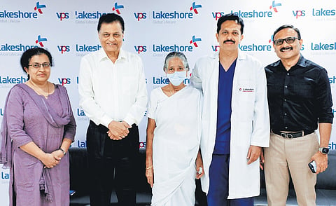 Devakiamma with Dr Jay Susan Jacob, S K Abdulla, managing director of VPS Lakeshore Hospital, Dr Shawn T Joseph and Dr Roy J Mukkada.