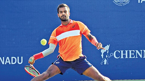 Sumit Nagal in action during Chennai Open on Tuesday, Feb 6, 2024.