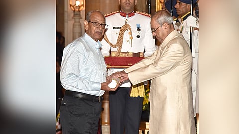 The then President, Shri Pranab Mukherjee presenting the Padma Shri Award to Shri Sadhu Meher, at the Civil Investiture Ceremony, at Rashtrapati Bhavan, in New Delhi on April 13, 2017.