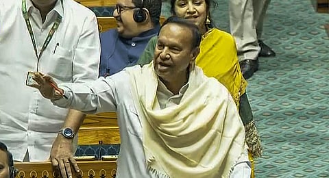 DMK MP TR Baalu speaks in the Lok Sabha during the Budget session of Parliament, in New Delhi, Tuesday, Feb. 6, 2024.