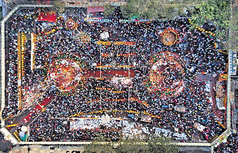 An aerial view of the ‘Gadde’ (platform) at Medaram Jatara