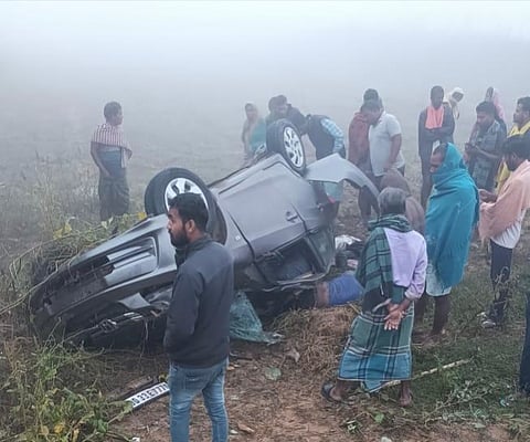 The ill-fated car that turned turtle after hitting the wall of a house at
Gadadharpur in Cuttack district