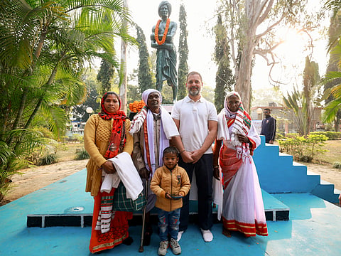 Congress leader Rahul Gandhi with others after paying tribute to the statue of freedom fighter Birsa Munda during the Bharat Jodo Nyay Yatra.