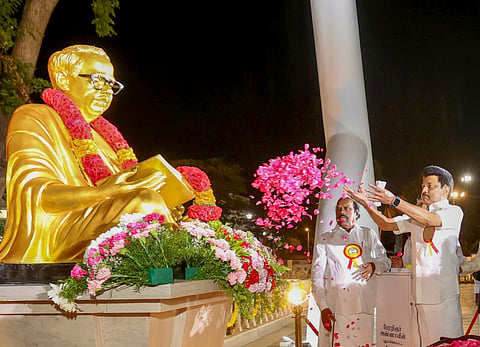 Tamil Nadu Chief Minister M K Stalin pays homage to DMK founder CN Annadurai during the inauguration of the renovated memorial of DMK founder and the new memorial of late Chief Minister M. Karunanidhi, in Chennai, Monday, Feb. 26, 2024.