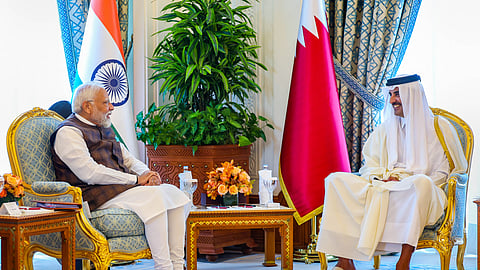 Prime Minister Narendra Modi during a bilateral meeting with the Emir of Qatar, Sheikh Tamim bin Hamad Al Thani, in Doha, Thursday, Feb. 15, 2024.