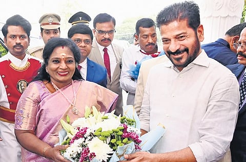 Chief Minister A Revanth Reddy welcomes Governor Tamilisai Soundararajan
on the Assembly premises on Thursday
