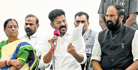 Ministers Uttam Kumar Reddy and Konda Surekha look on as Chief Minister A Revanth Reddy addresses the media at the Secretariat in Hyderabad on Sunday, Feb 4, 2024.