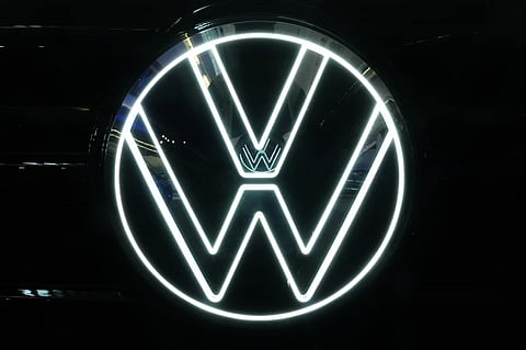 This is the Volkswagen logo on a Volkswagen automobile on display at the Pittsburgh International Auto Show in Pittsburgh, Feb. 15, 2024