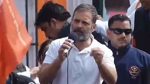 Congress leader Rahul Gandhi addresses a gathering during the party's Bharat Jodo Nyay Yatra in Kanpur on Wednesday.