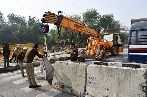 Delhi Police barricaded the Ghazipur border on Monday, ahead of the farmers' call for a march to Delhi on February 13, 2024.