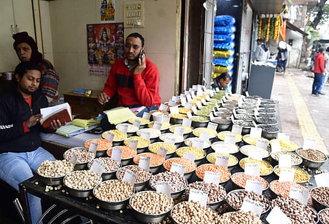 Samples of pulses are displayed at a wholesale shop at Khari Baoli market, Old Delhi on February 01, 2024.