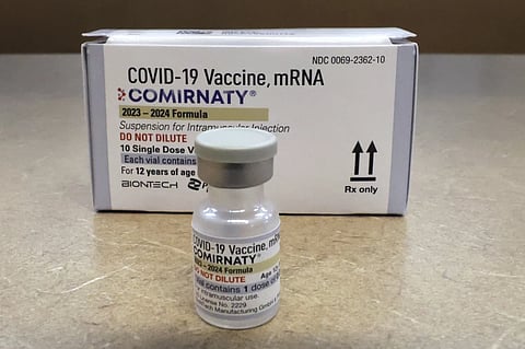 Comirnaty, a new Pfizer/BioNTech vaccination booster for COVID-19, is displayed at a pharmacy in Orlando, Fla., on Friday, Sept. 15, 2023.