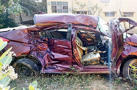 The mangled remains of the ill-fated car.